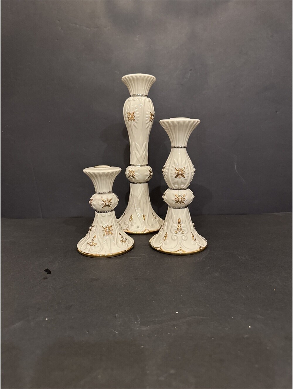 Lenox Florentine And Pearl Candlesticks Set of 3 Candle Holders Gold W Pearls